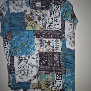 Chico's Patchwork V-Neck Short Sleeve Shirt in Teal, Black, White & Olive